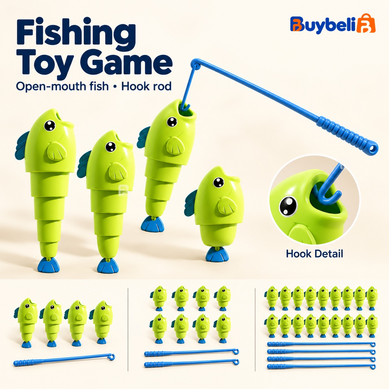 Fishing Toy Game with Green Fish & Blue Hook Rods | 1, 2 or 4 Player Options