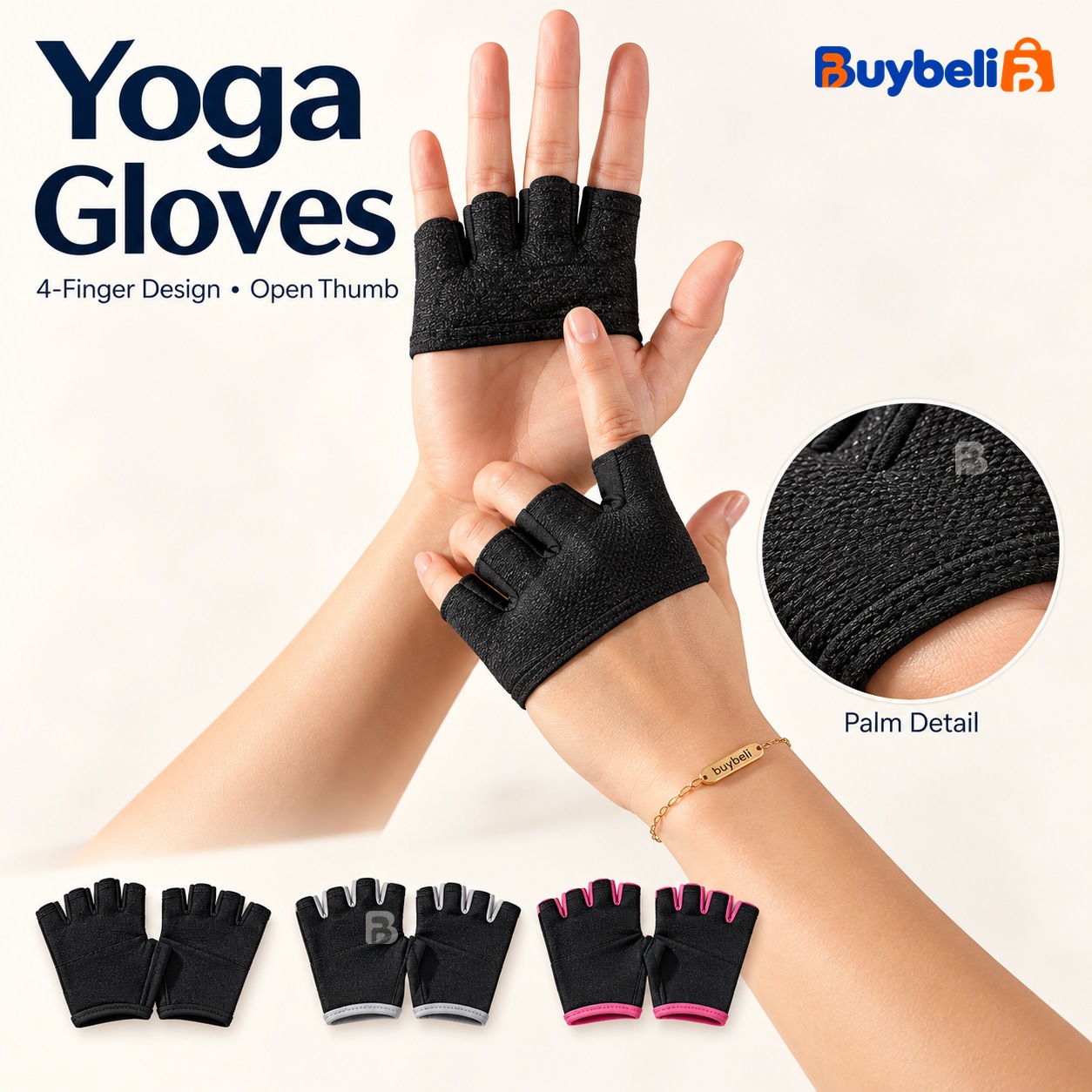 Yoga Gloves 4-Finger Palm Protection Pair – Black, Gray or Rose Red